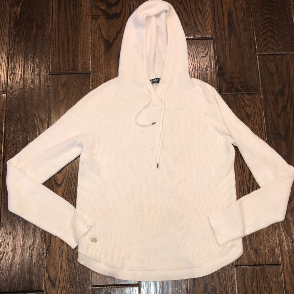 Lauren Ralph Lauren green label size small white knit hooded sweater cotton